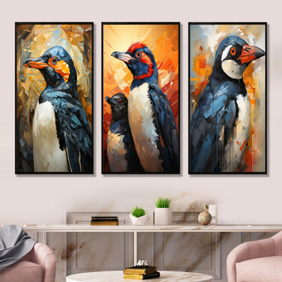 «Curious Penguins Snowy Wonders» - ensemble de 3 reproductions d'art sur toile