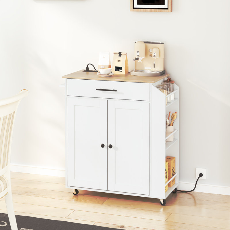Aquisha 33.8" Rolling Kitchen Island with Power Outlet, White/Natural