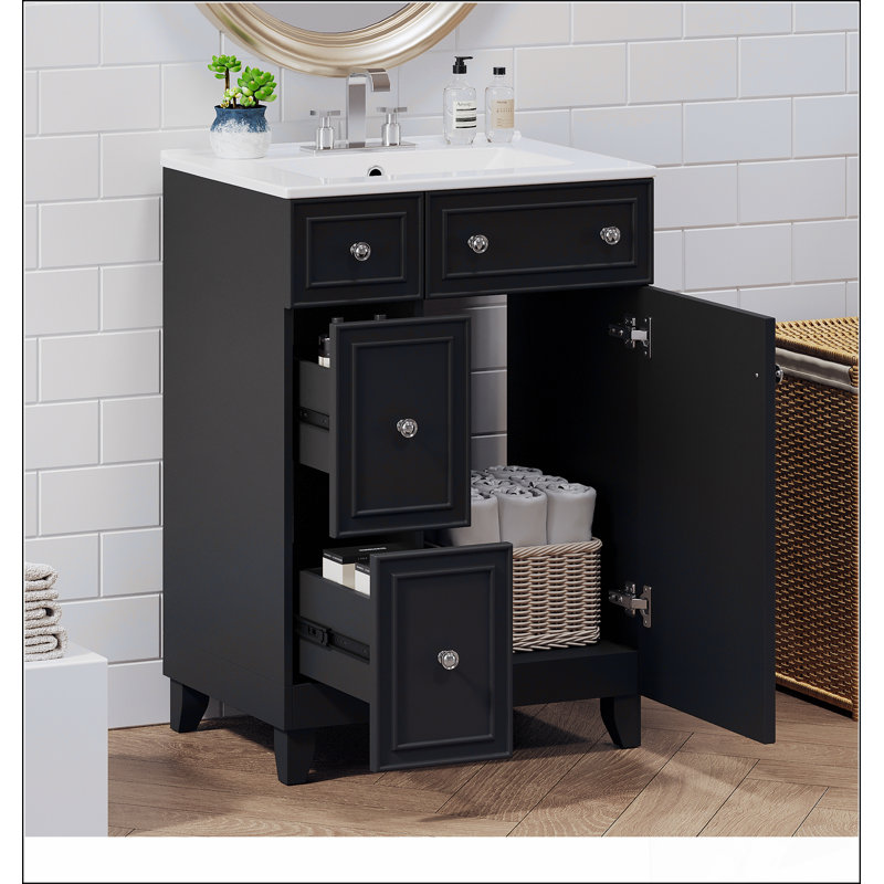 Armoire de meuble-lavabo 24 po avec lavabo en céramique, 2 tiroirs, 1 porte, Noir