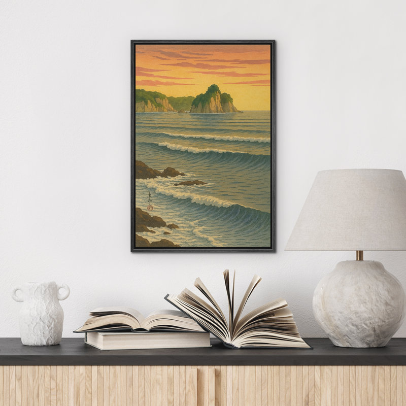 «Golden Sunset Coastal Cliff and Ocean Waves», reproduction d'art sur toile encadrée, H 24 po x l 16 po x P 1,5 po, Noir