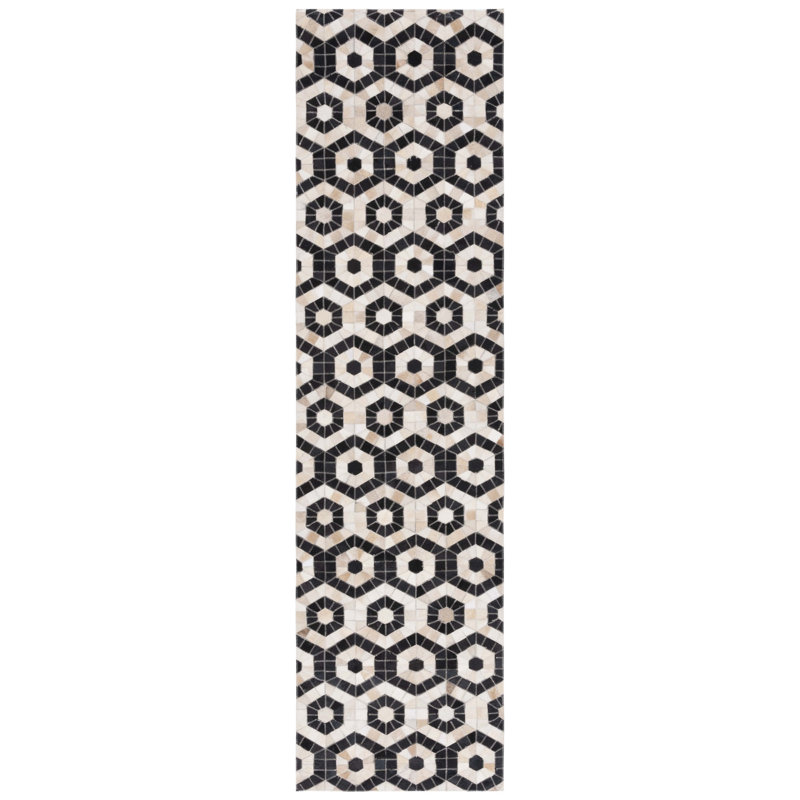 Studio Leather Flat Weave Hair On Leather Geometric Rug, Runner 2'3" x 9'