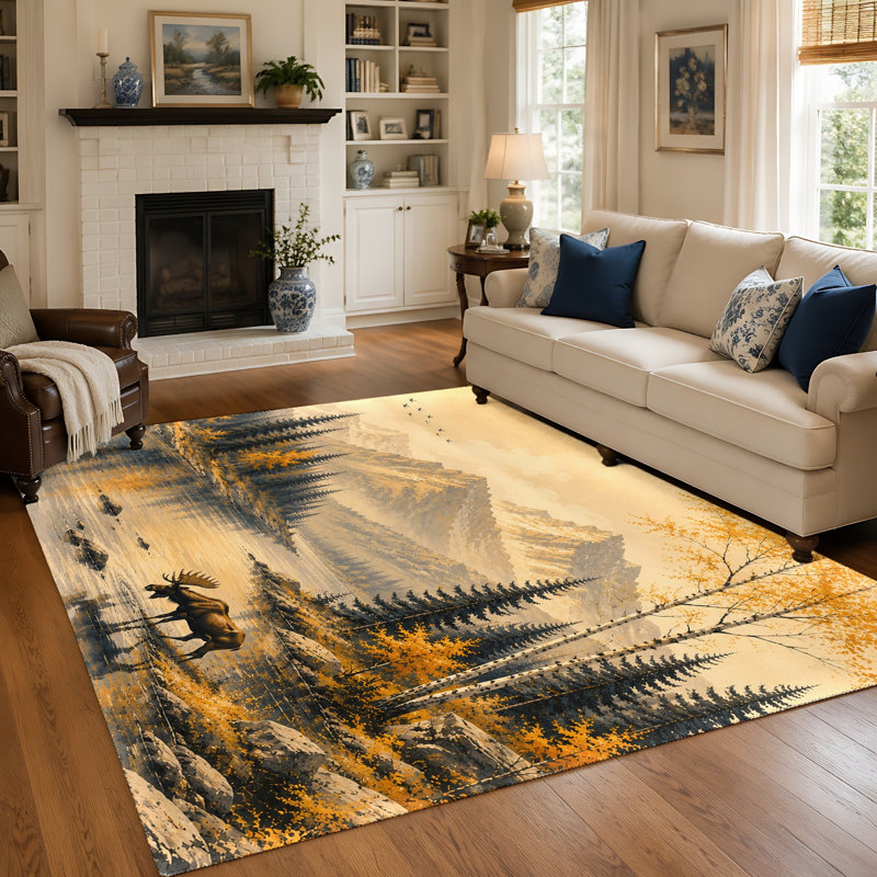 1 tapis imprimé artistique représentant un paysage de montagne, d'élans et de forêt, idéal pour la décoration intérieure