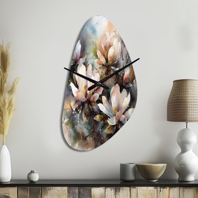 Divilly Pink Magnolia Symphony II - Magnolias Asymmetrical Metal Wall Clock, Traditional Irregular Shape Wall Clock Print