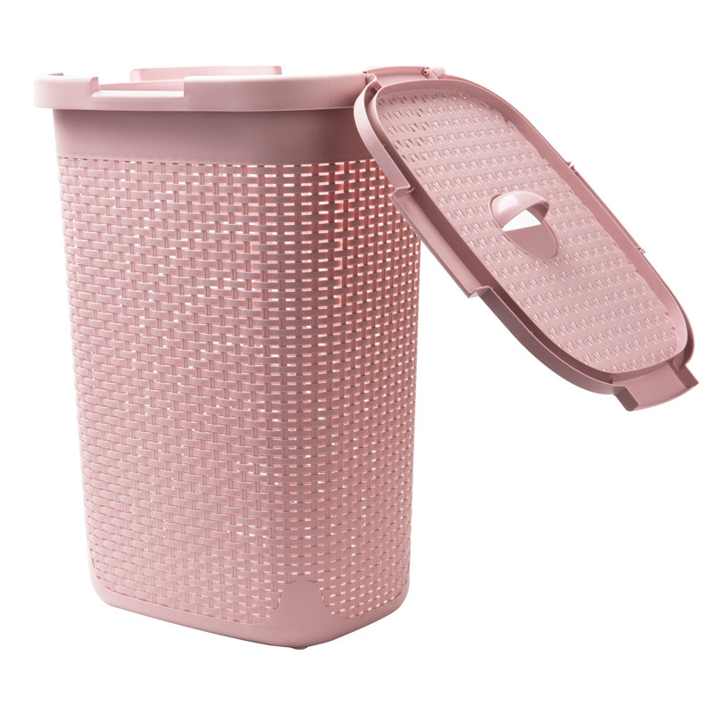 Panier à linge mince 60 L, panier à linge, couvercle, plastique, Pink, 24" H x 14" W x 10.1" D