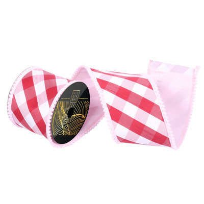 4" x 10yd Red Pink Buffalo Plaid Red Pom Pom. Red Dupion Backing. Measuring 4 inches in width and 10 yards in length, it's perfect for a variety of festive projects.