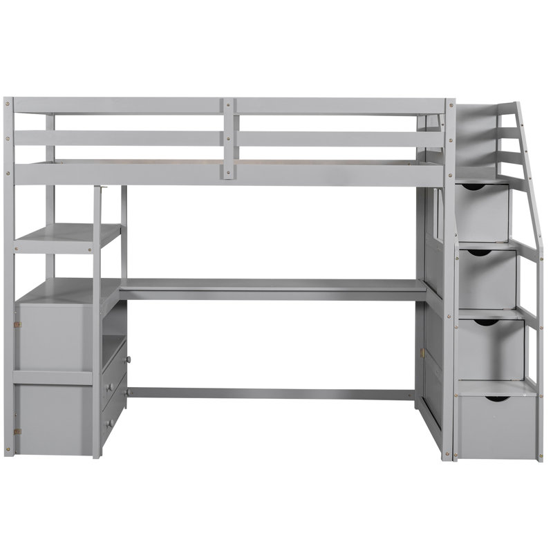 Lit mezzanine simple avec bureau, tablettes et garde-corps dans les tiroirs de rangement gris, étagères, Gris, Lit simple