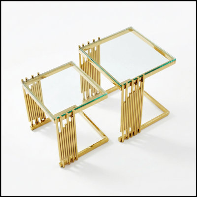 Ensemble de 2 tables basses dorées avec plateau en verre trempé et structure en acier inoxydable 201, élément de style moderne pour le salon et la chambre.