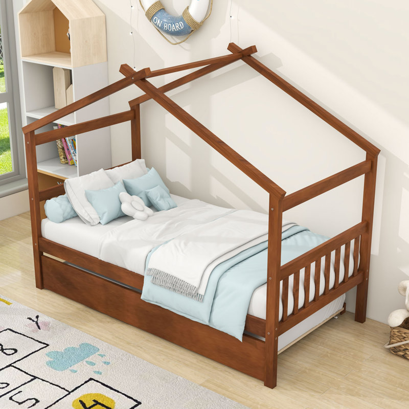 Lit en bois avec lit gigogne escamotable, Noyer , Simple