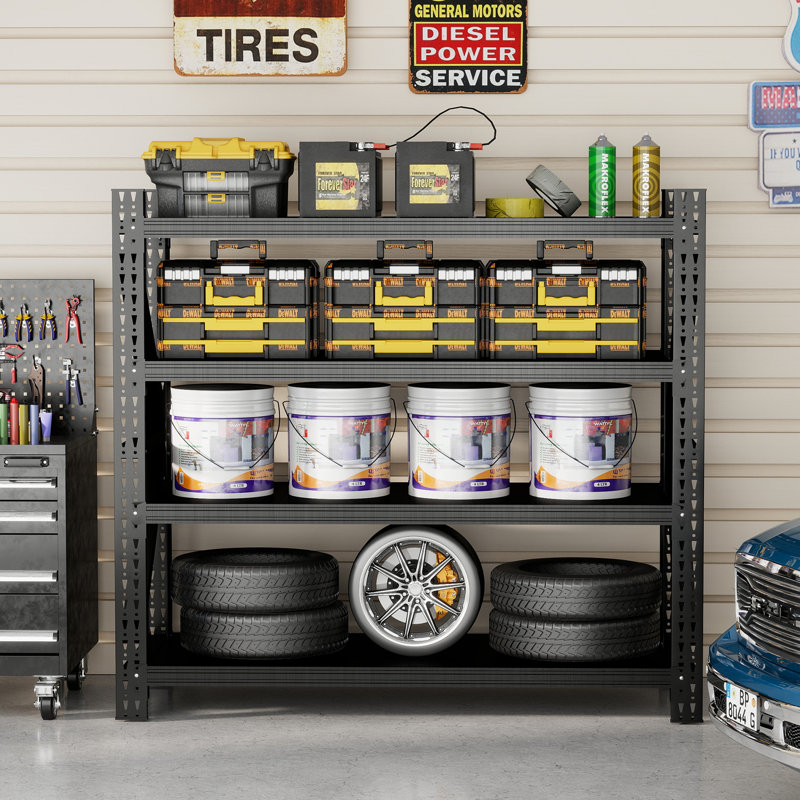 Étagère de garage robuste de 5000 lb, unité de rangement réglable en métal à 4 tablettes (H 63 po x l 67 po x P 23,7 po), capacité de 5 000 lb de rayonnage industriel pour l'entrepôt, noir