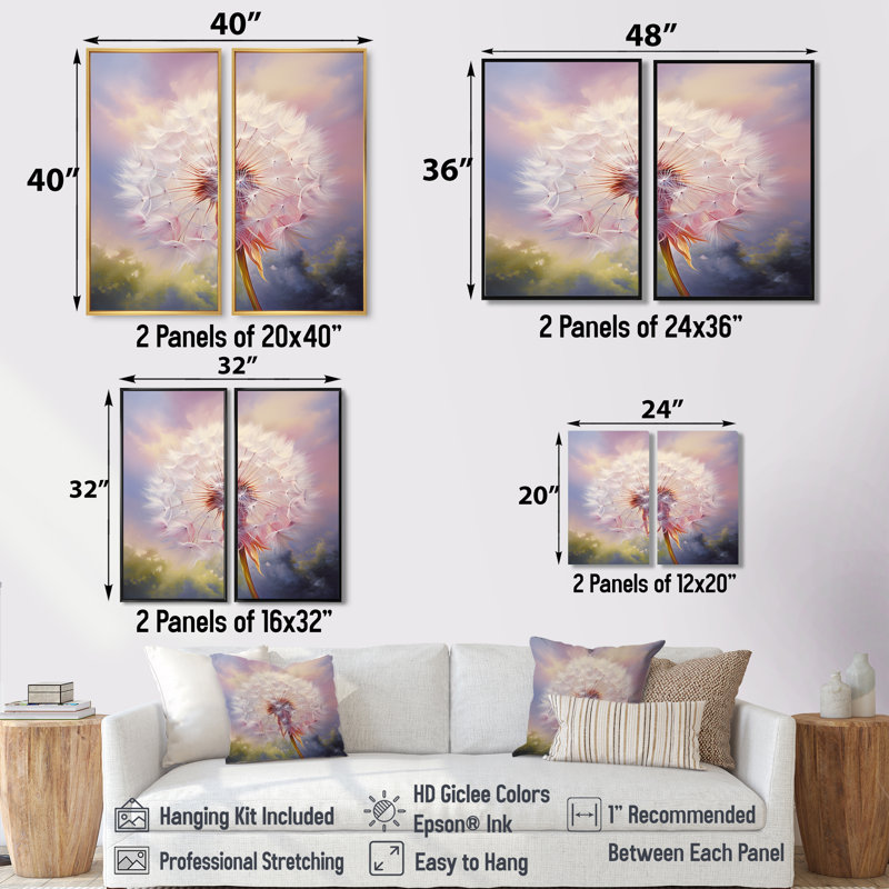 Impression romantique de pissenlit mauve II - grand pissenlit, ensemble d'art mural, 40" H x 40" W, Wrapped Canvas