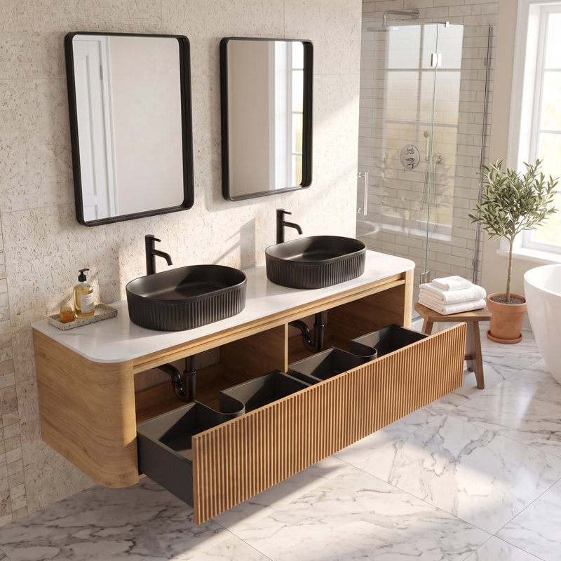 Meuble-lavabo en céramique avec lavabo et porte-serviettes gratuit, 60", Chêne miel