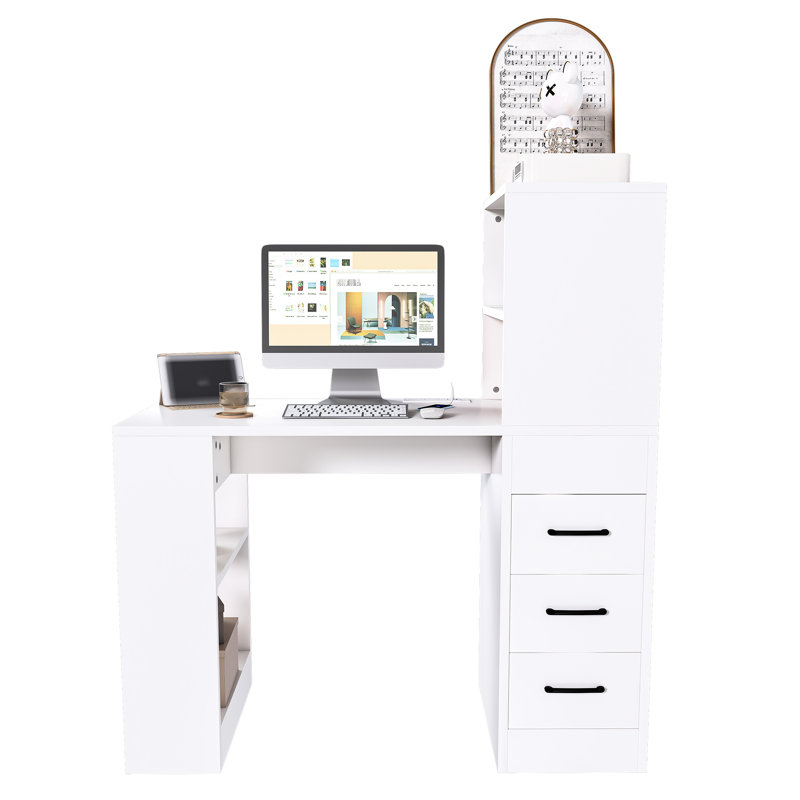 Bureau blanc moderne avec ordinateur ergonomique et 4 niveaux de rangement