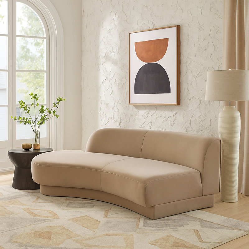 Zema Curved Left Facing Sofa Chaise, Modular Design, Camel Brown Fabric, 84 Inch, Left Hand Facing