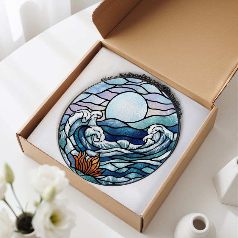 7.8"H Ocean Waves Stained Glass Window Panel, 7.8" H x 7.8" W