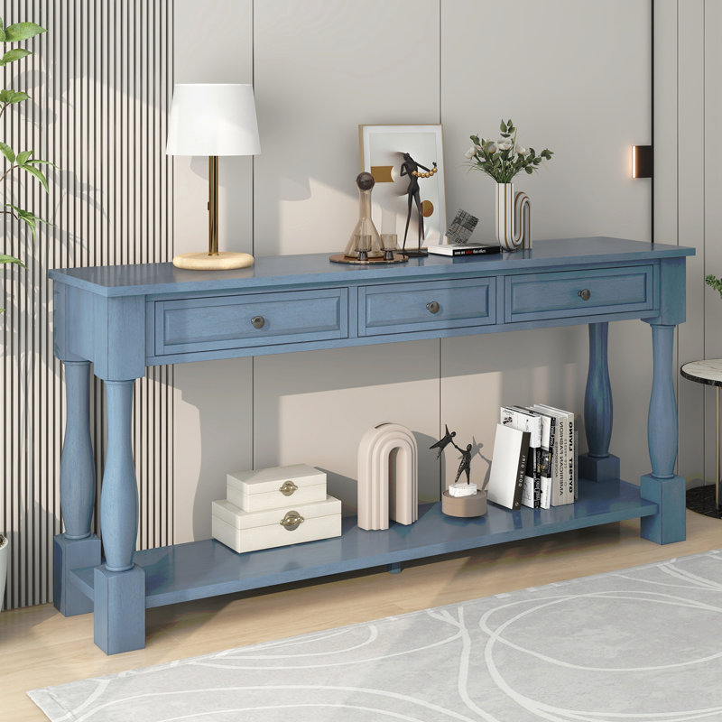 Cervantez 63" Console Table Long Console Table with Drawers and Shelf,entryway table,sofa table, Blue Duplicate