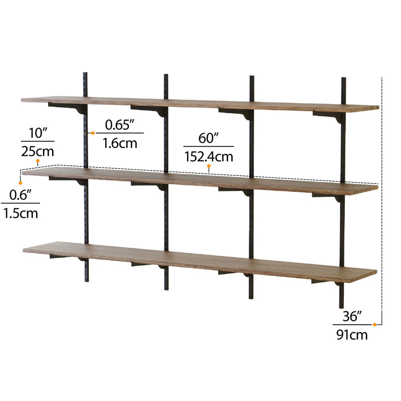 Height Adjustable Wall Shelves, 60'' Long, 10'' Deep Paulownia Wood, 3-Tier Floating Shelf, Black Brackets, Black/Burnt