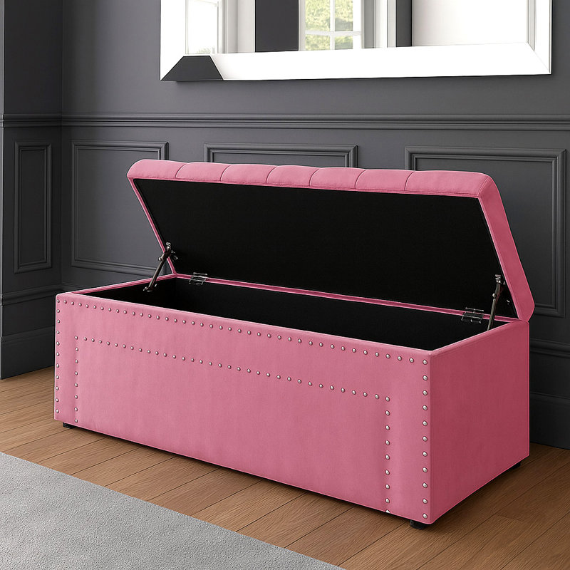 Duke Ottoman Storage Box - Chesterfield Upholstered Blanket Box - Plush Velvet Ottoman Bench with Storage, Pink