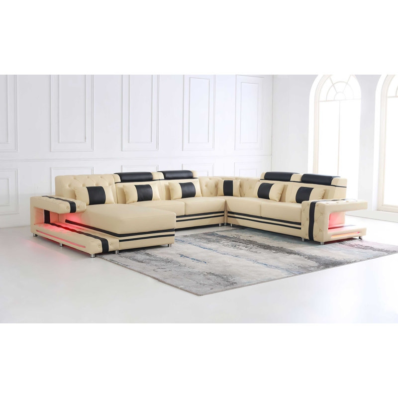Canapé modulaire en cuir véritable Lucertia, Face à la gauche, Beige / noir
