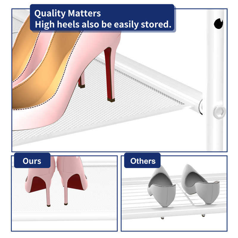 32'' Wide 2-Tier Metal Mesh Shoe Rack for Closet, Stackable and Adjustable, Good for High Heels, White