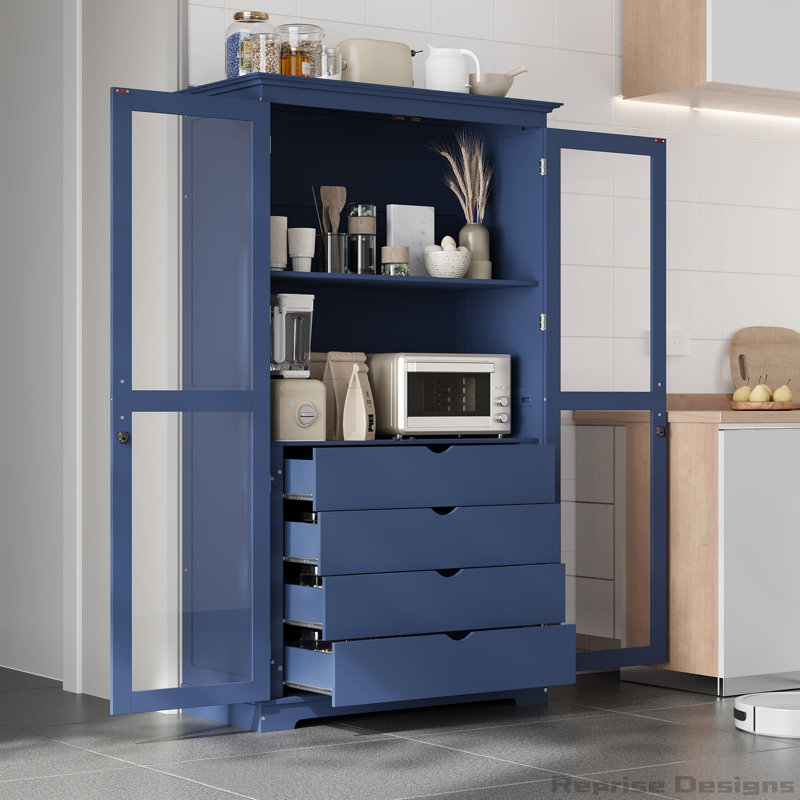 Vitrine de rangement autoportante avec portes en verre et 4 tiroirs intégrés, Bleu