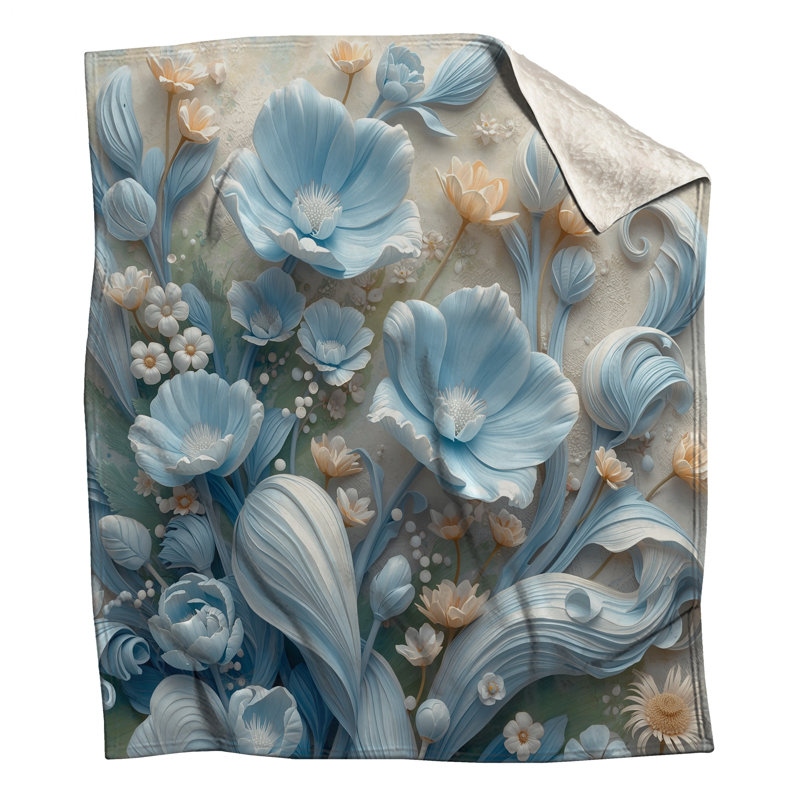 Blue Beige Flowers Blankets, 50in W x 60in H