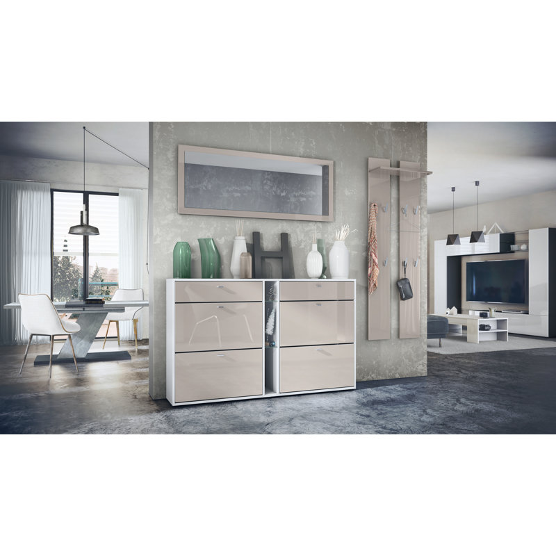 Orlando Hall Tree 215cm Wide with Shoe Storage, Sand Grey High Gloss/White