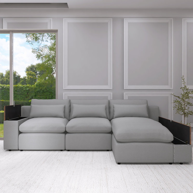 L-shaped Modular Sectional Sofa with Removable Back Cushions, Grey