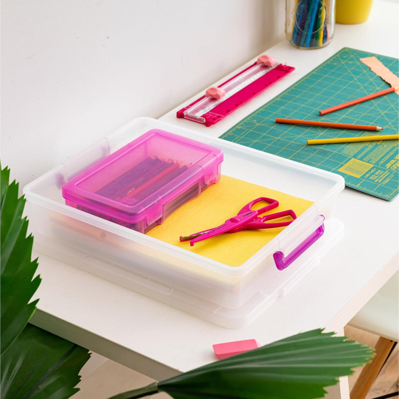 Plastic Storage Bins With Lids 6 Qt. Craft Organizers And Storage, Art Supply Storage Organizer, Arts And Crafts Organizer, Stackable And Secure Latch, Clear/Violet - 6 Pack