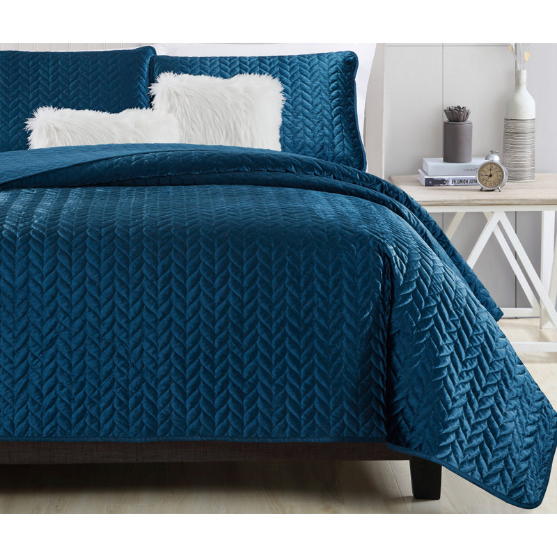 Ensemble de courtepointe réversible Dahlia, Courtepointe de grande taille et 2 taies décorati, Bleu