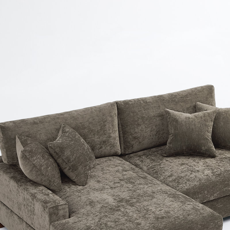 Canapé modulaire rembourré 2 pièces en chenille de couleur chameau avec accoudoirs et coussins décoratifs, Chenille chameau