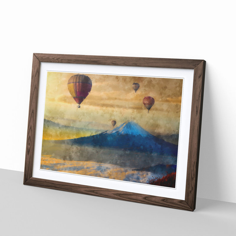 Hot Air Balloons Above Mount Fuji - Picture Frame Painting Print, Walnut Framed, 24cm H x 33cm W x 2cm D