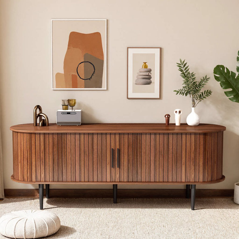 Modern 55 Inch TV Stand with Sliding Door, Walnut Media Console Table with Storage Cabinet for Living Room, Bedroom, Office