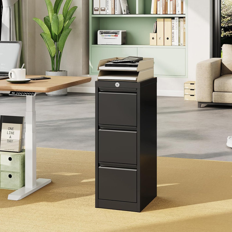 3 Drawer File Cabinet, Metal Filing Cabinet with Lock, A4 File Cabinets with Stationary Tray, Large Capacity, File Storage Cabinets for Home, Office