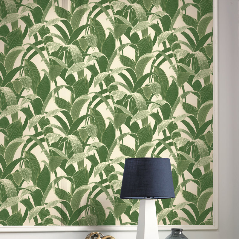Rouleau de papier peint métallisé 33 pi x 20,5 po Erica Leaves, Vert pin/blanc cassé