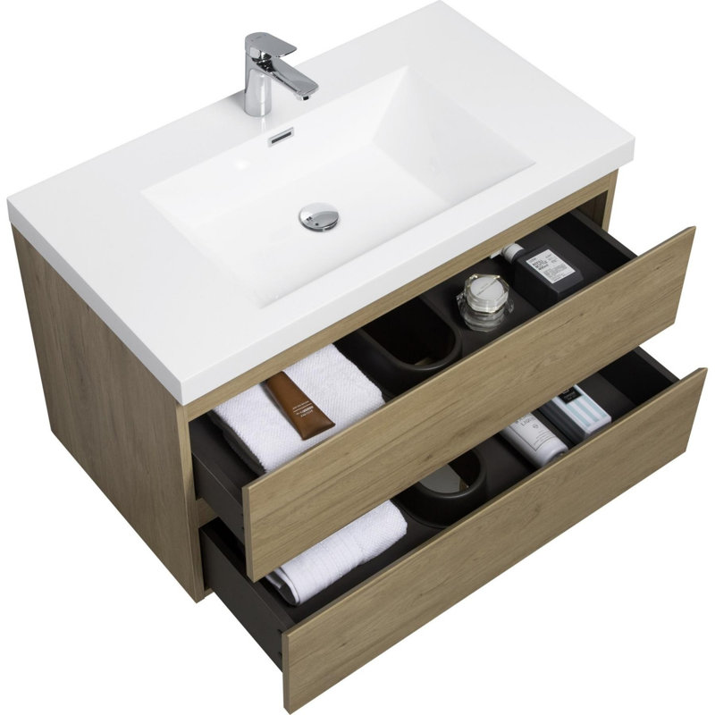 Meuble-lavabo mural moderne pour salle de bain, Chêne