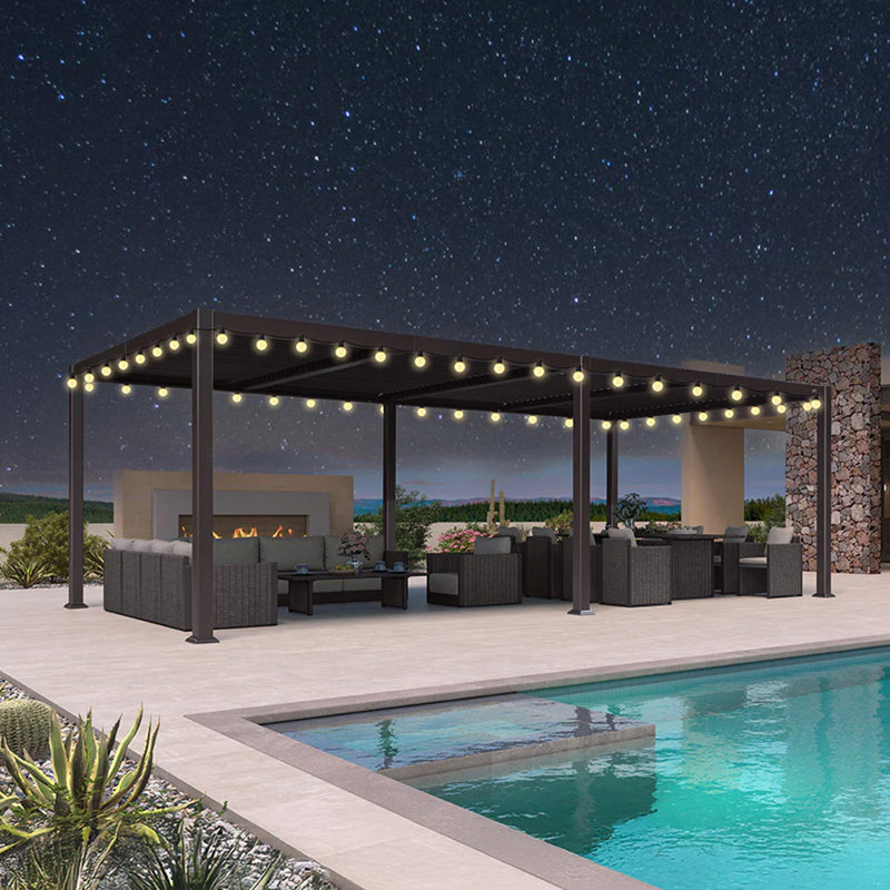 Purple Leaf Adjustable Roof Louvered Aluminum Pergola with String Lights, 92.58" H x 279.21" W x 137.36" D