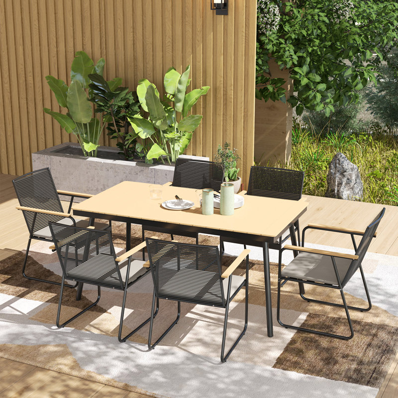 6 - Person Patio Dining Set with Rectangular Table , Cushions Included, Nature Wood Finish