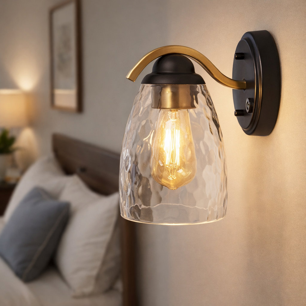 Light Wall Sconce with Hammered Glass Shade, 3-Stage Touch Dimmer and Dual-Tone Arm Mercer41