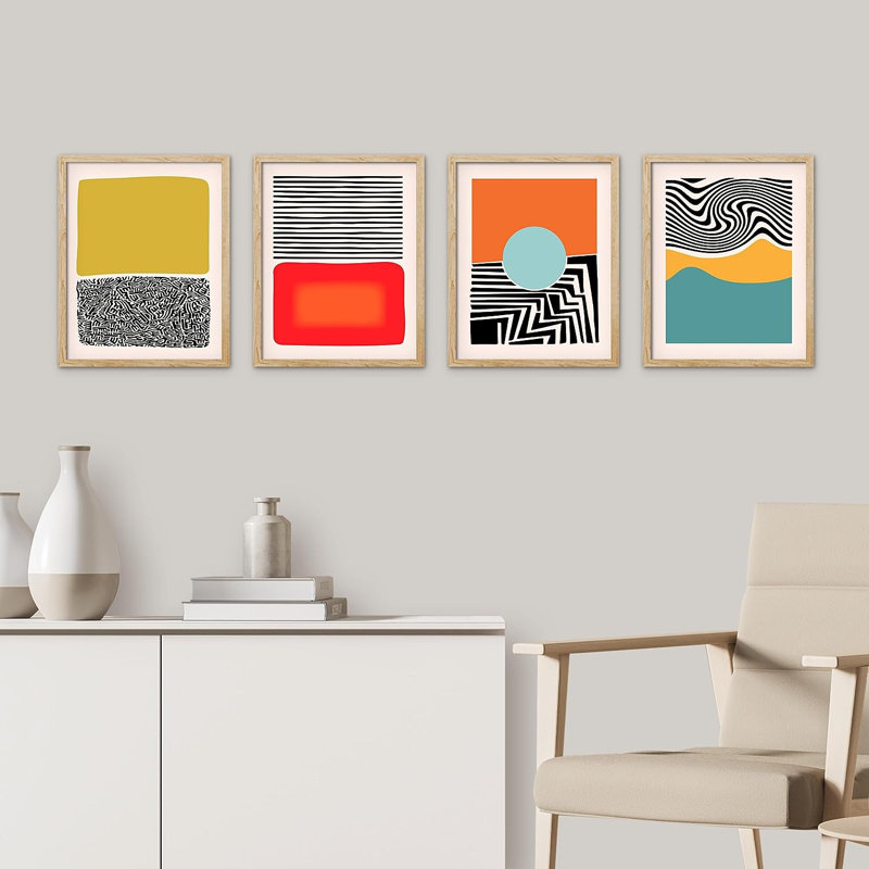 «Mid-Century Modern 1980s», reproduction géométrique encadrée de 4 pièces, H 14 po x l 11 po x P 1 po, Encadré naturel