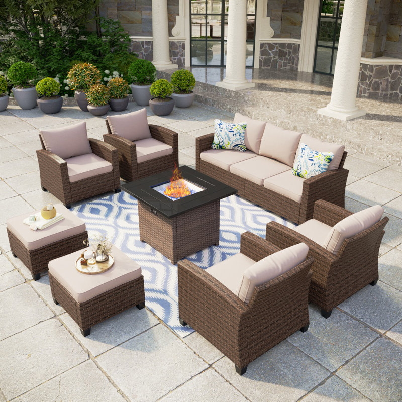 Argyri 9 - Person Outdoor Wicker Patio Conversation Furniture Set with Firepit, Beige