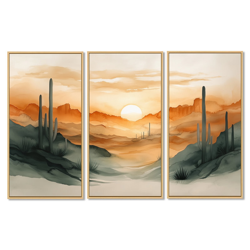 «Cactus at Emberlight - Desert Botanical», reproduction de toile encadrée 3 pièces, H 32 po x l 48 po, Cadre naturel flottant