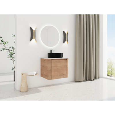 Meuble-lavabo mural de 24 po avec lavabo d'art en céramique, 1 porte à fermeture en douceur, base en contreplaqué, bords arrondis et nettoyage facile pour la salle de bain