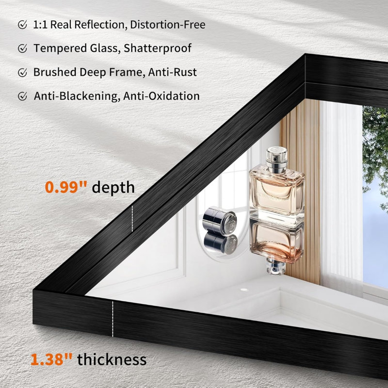 Miroir de salle de bain noir, miroir rectangulaire de 30 po x 30 po avec cadre en métal profond, finition brossée, verre trempé, miroir carré pour mur, évier, chambre à coucher, salon, meuble-lavabo, entrée, cristal transparent
