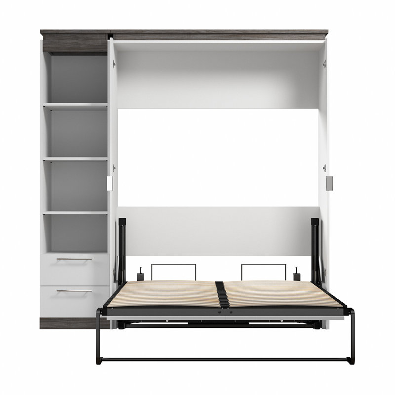 Lit escamotable complet Aile et étagère étroite avec tiroirs (79 W), Blanc