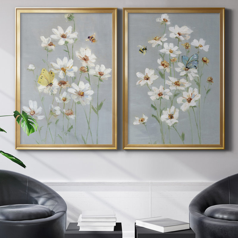 «Gathering Daisies I», ensemble de 2 reproductions d'art, H 26,5 po x l 73 po x P 1,5 po, Toile encadrée dorée, Pas de tapis