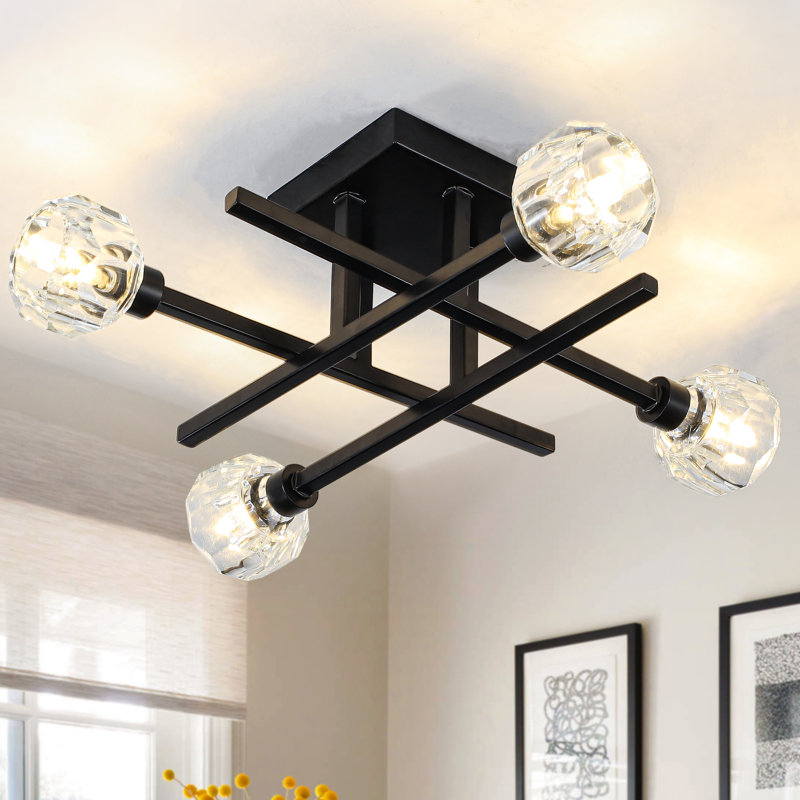 Plafonnier semi-encastré noir moderne à 4 lumières Sputnik 18,23 po Modern Geometric, parfait pour le salon, la chambre à coucher et le couloir