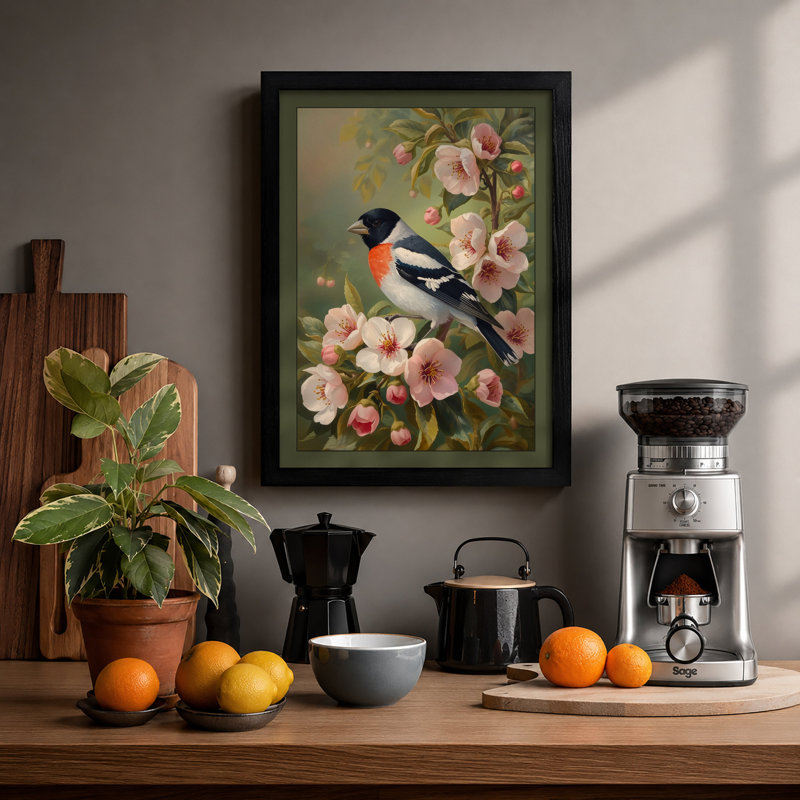 Bird Among Blossoms Botanical - Framed Print, A3 - 42.0 x 29.7 cm, Black