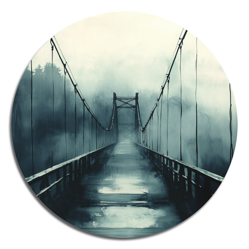 Structure de pont au-dessus d'une rivière brumeuse - décoration murale ronde en métal, L 16 po x H 16 po
