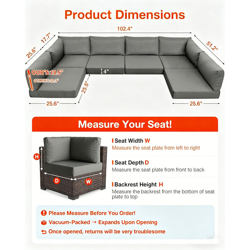 14 Piece Set Of Outdoor Replacement Cushions, For Patio Furniture, Waterproof, Stain Resistant, Fade Resistant, Heat Pressing TPU, Outdoor Olefin Fabric, Suitable For 6-Seater Sofa Cushions, Dark Gray
