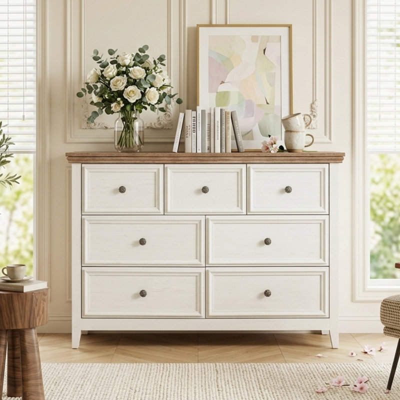  47" Wooden Dresser with 7 Drawers, Tall Chest of Drawers, Storage Tower Cabinet with Metal Handles, Storage Dressers Organizer for Entryway, Living Room, Bedroom